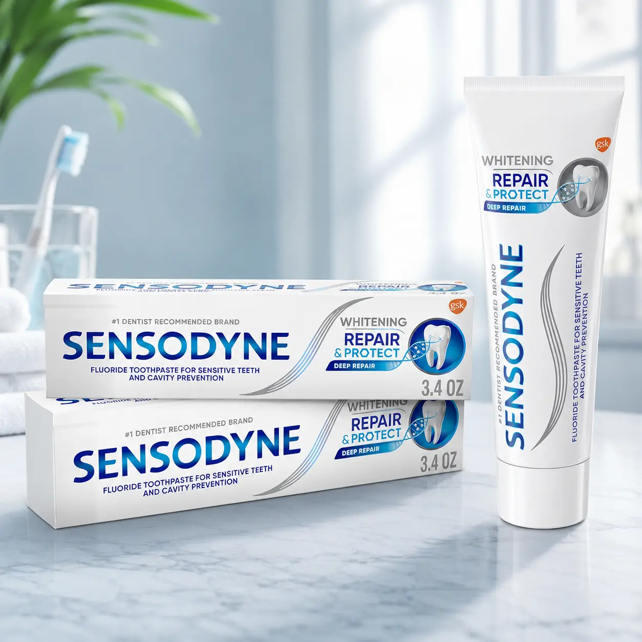 Sensodyne Repair & Protect Whitening Oral Toothpaste - For Sensitive Teeth, Cavity Prevention - 3.4 oz (Pack of 2)
