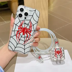 6 Piece Set Airbag Shockproof Transparent Spider Phone Case, Charger Head Cover, Cable Protector, Storage Rope, Data Line Protection for iPhone