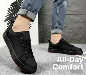 Men's Comfortable Non-Slip Casual Sneakers, Red Sole Black Low Top Lace-Up Walking Shoes for Daily Work & Wear