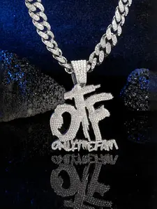 Men's Hip Hop Necklace, Full Diamond Otf Letter Pendant, Cuban Chain Jewelry, Trendy Streetwear Accessory, Fashionable Men's Necklace