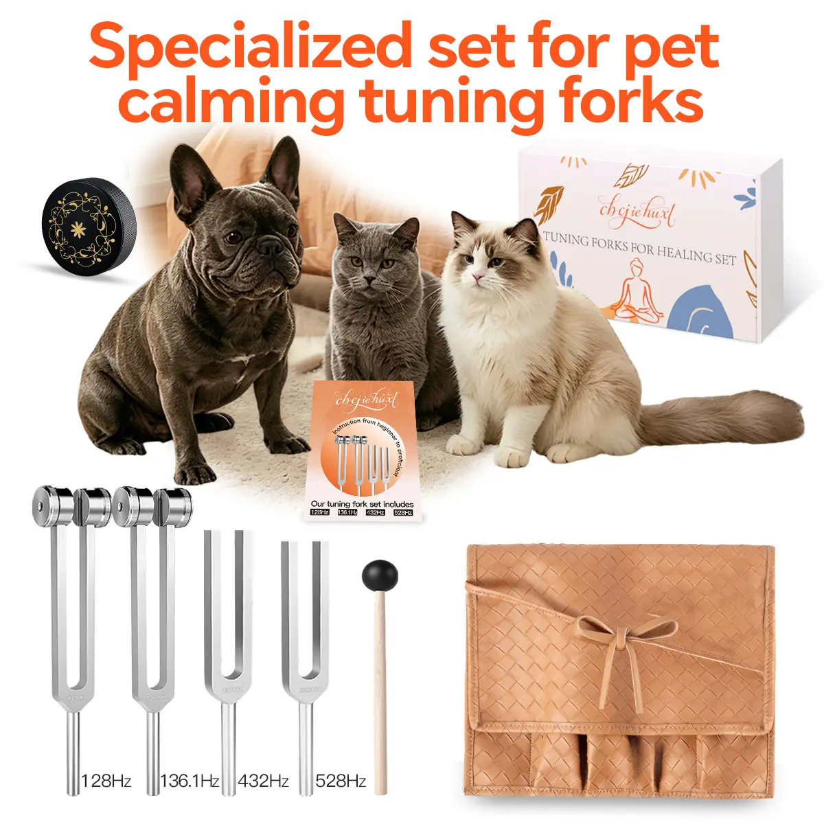 432Hz Pet Tuning Forks Play Set - 128Hz,136.1Hz,528Hz Calming Tones, Silicone-Safe, Vegan Leather Storage Pouch, Striker, Gentle Play Interactive Dog Toy (All Breeds/Ages), Mood-Soothing Accessory sohochic