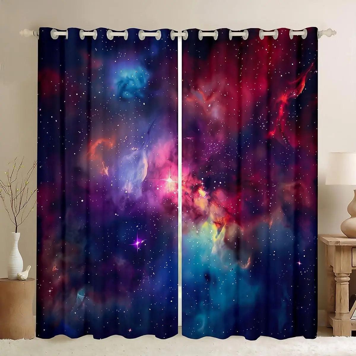 Feelyou Galaxy Themed Darkening Curtains, 3D Printed Outer Space Home Decoration Curtains, Privacy Grommet Drapes for Boys' Room, Lightweight Space Blue-Red Window Treatments, Home Decoration Curtain