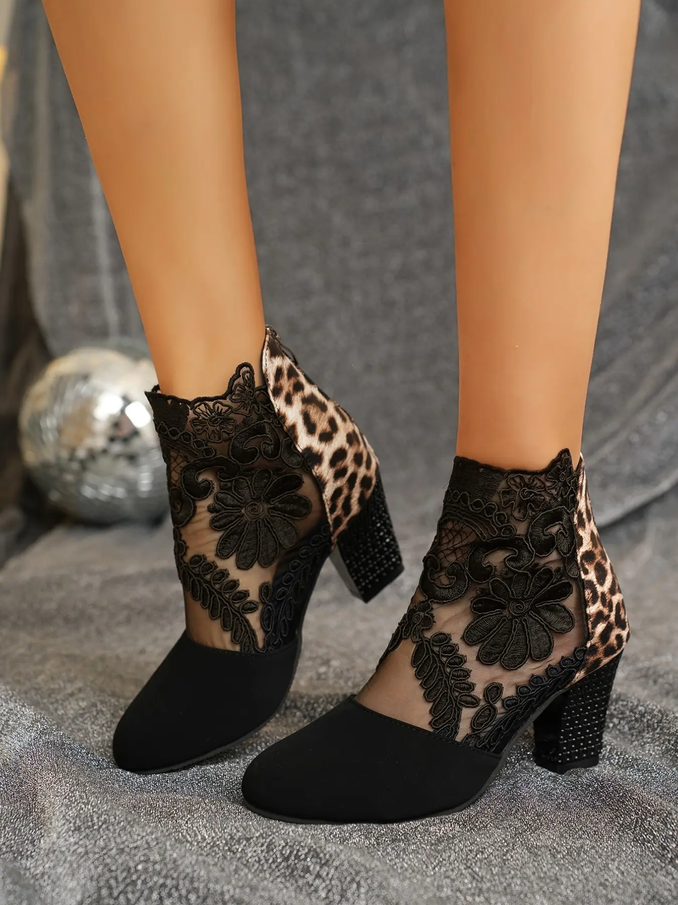 Lace Embroidered Leopard Patchwork Chunky Heel Ankle Boots, Breathable Mesh, Rhinestone Heels, Hot Selling Women's Shoes, Sandal Boots