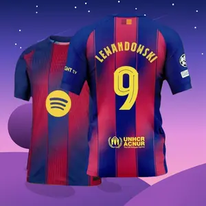 25 26 Home Red And Blue 9# Robert Lewandowski Short Sleeve Soccer Jersey Fans Version