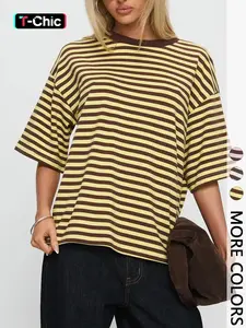 Women's Stripe Round Neck Oversized T-Shirt - Drop Shoulder Relaxed Fit Tee for Office & Casual Outings, Trendy Y2K Aesthetic, Streetwear, Brunch & Everyday Wear, Casual Summer Top, Comfortable Cotton T-Shirt