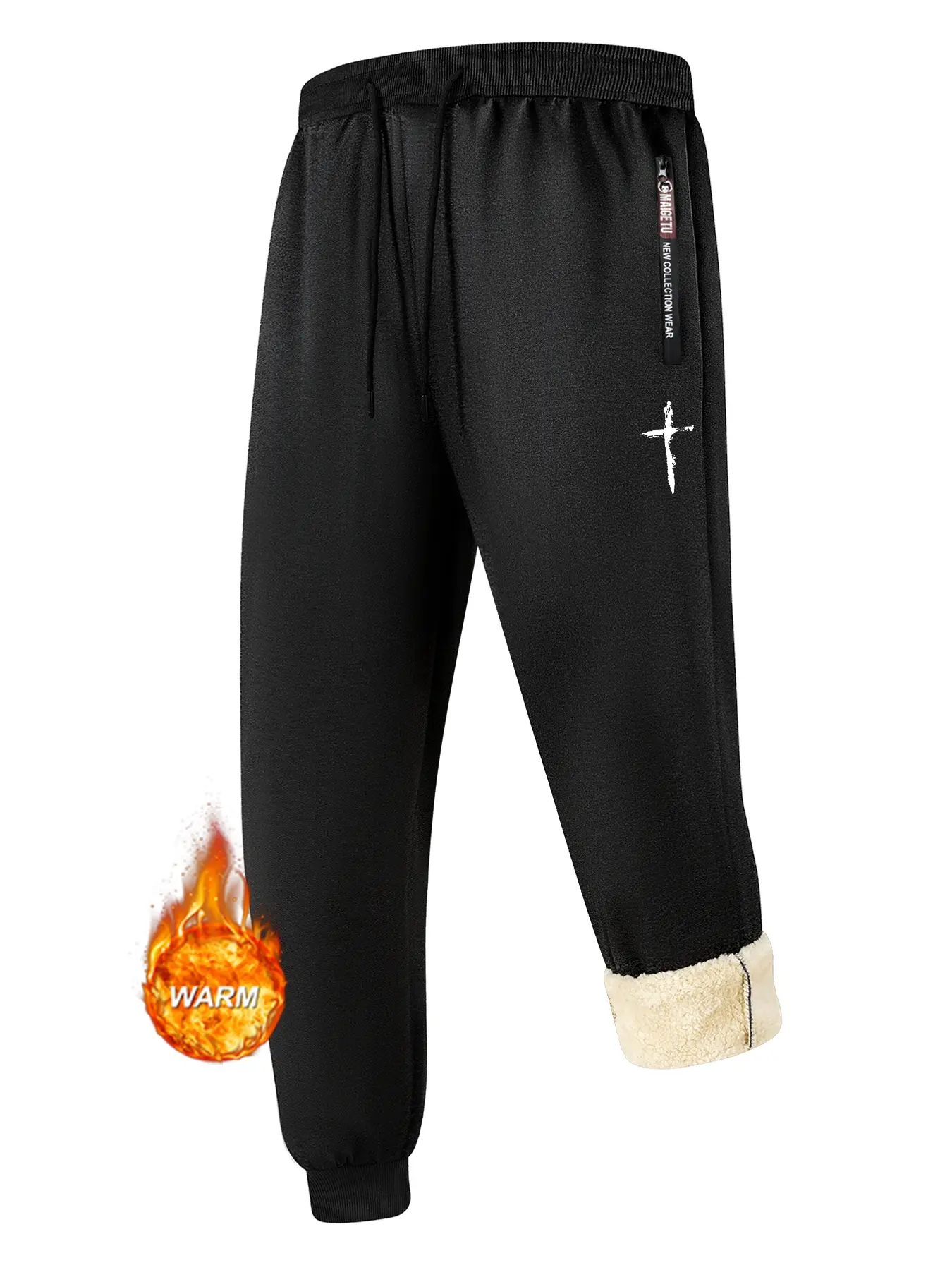 Men's Cross Print Fleece Lined Thickened Sport Sweatpants, Winter Windproof Warm Sherpa Plush Pants, Zipper Side Pockets Outdoor Jogging Running Joggers Trousers, Drawstring Waist Sweatpants