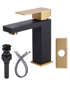 WOWOW Black and Gold Stainless Steel Bathroom Sink Faucet, Modern Single Hole Design with Faucet Aerator, cUPC Supply Lines and Lift-and-Turn Drain, Stainless Steel Faucet