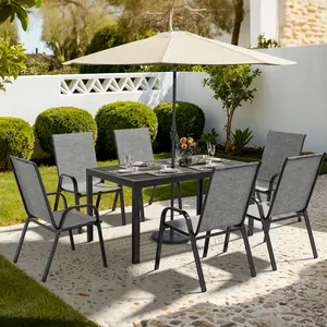 【SHIPS IN 2 BOXES】Outdoor Dining Sets for 6, Rectangular Steel Slat Table with 6 Textilene Chairs, 7 Piece Patio Table and Chairs Set with Umbrella Hole for Patio, Garden, Backyard and Poolside (Grey)