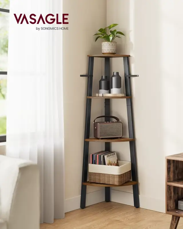VASAGLE Corner Shelf Stand, 4-Tier Corner Bookshelf, Industrial Ladder Shelf, Plant Stand for Living Room, Office, Kitchen,