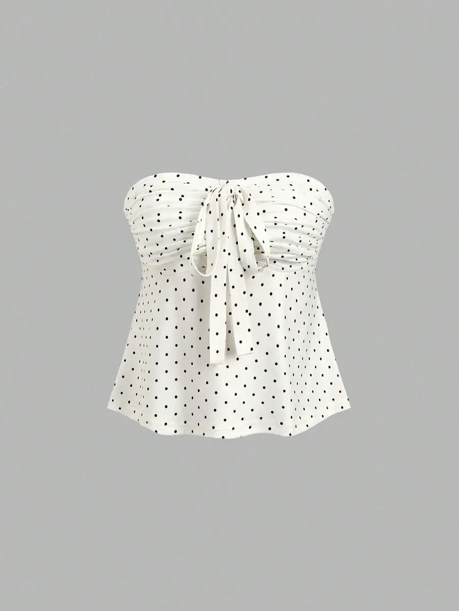 Valentine's Day Romantic Polka Dot Bow Knot Pleated Bandeau Top