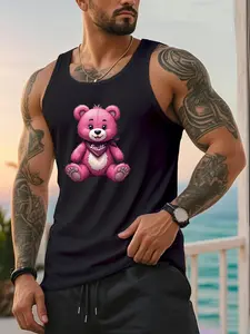 One-piece men's narrow shoulder strap vest, "Pink Teddy Bear" cartoon print, suitable for summer wear, unique print