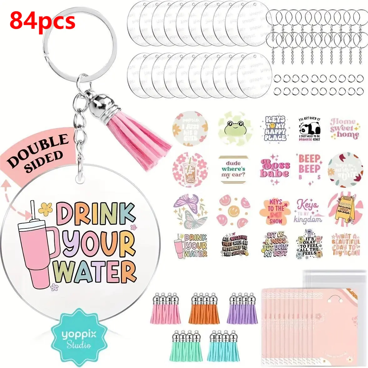[2D Flat] 140pcs Acrylic Alloy Keychain Blank Set - Funny Prints, Double-Sided UV DTF Stickers, Casual Vinyl Craft Making Kits for Employee Gifts, Cute Keychains, Digital Thermal Transfer Keychains