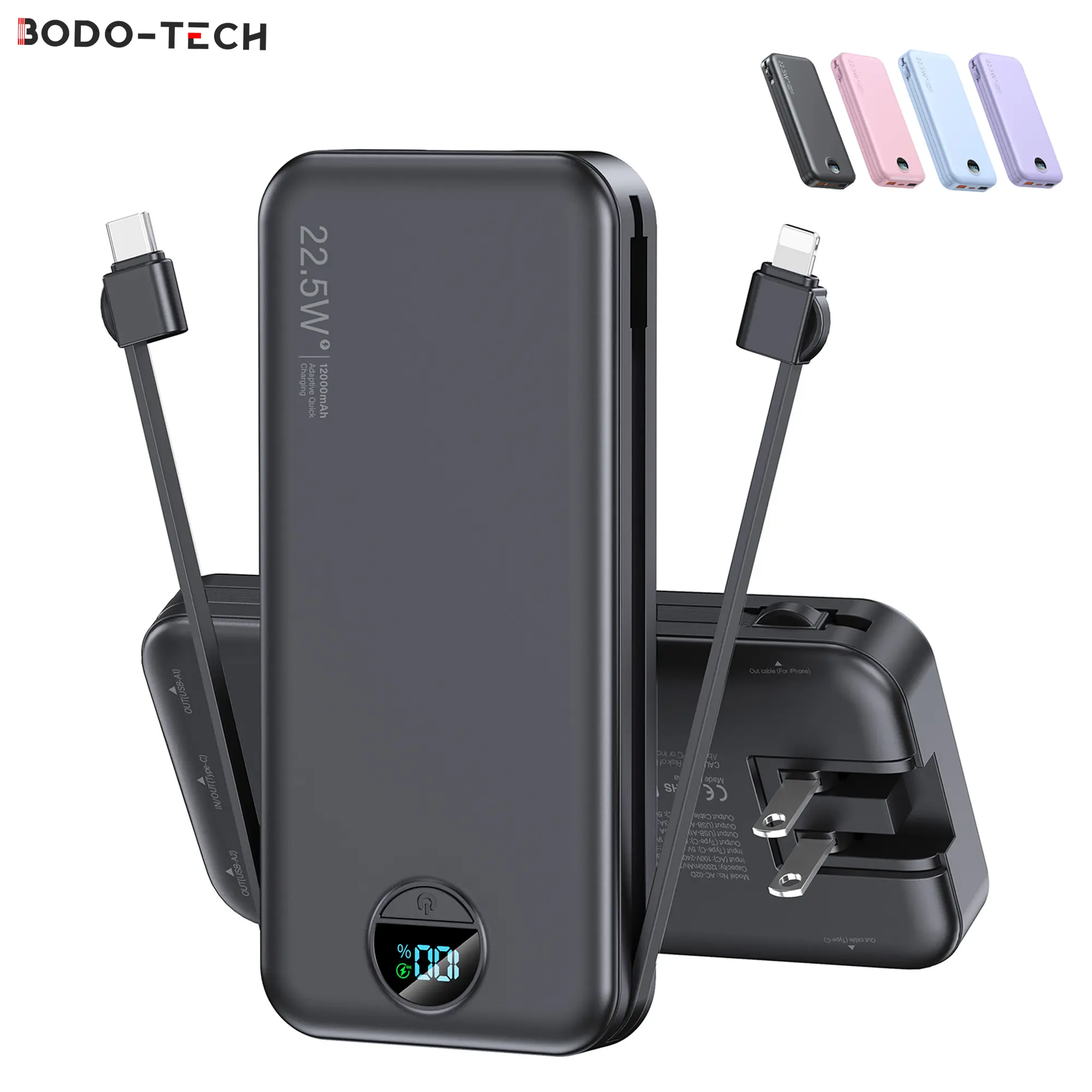 Bodo-Tech All-in-1 Power Bank Wall Charger - 12000mAh, Foldable Plug, Built-in Cables, LED Digital Display, Portable Travel Essential for Mobile Phones & Electronics campingessentials