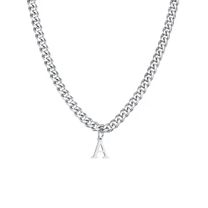 Men's Stainless Steel Six-Sided Chain Necklace with 26 English Letters Steel Color Fashion Trend pendant charm