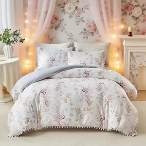 Pink floral print duvet cover set with pom-pom tassels 2/3 counts, Decorative duvet cover, floral print pillowcase set, soft comfortable washable bedding, breathable polyester material, durable modern bedroom decoration,9 sizes, suitable for all seasons