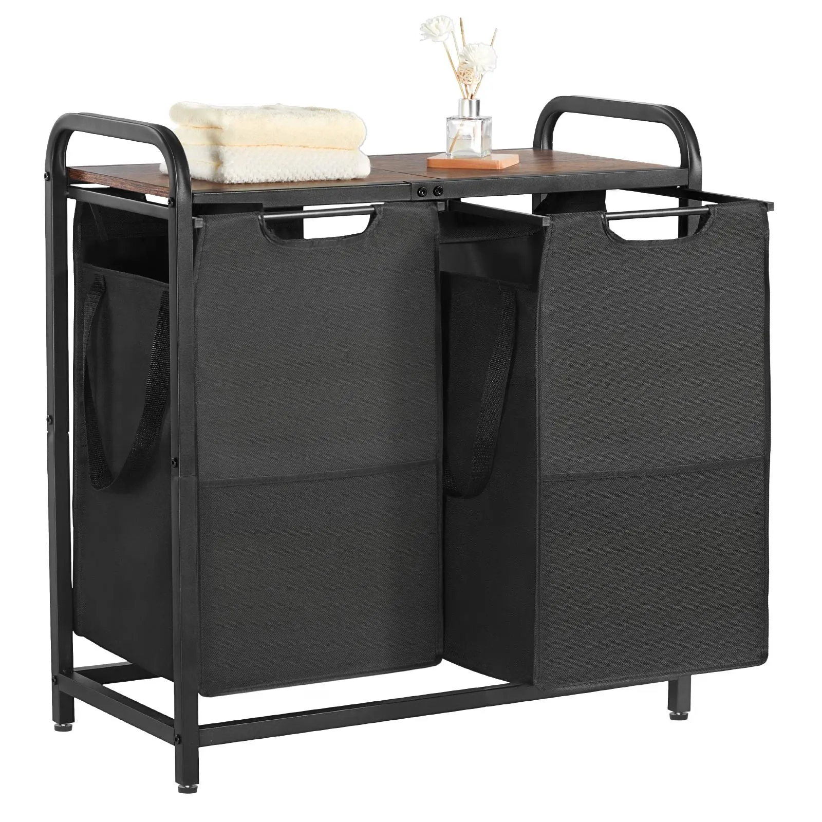 【Summerfinds】VEVOR 2-Section Laundry Sorter Laundry Hampers, Large Freestanding Storage Organizer with Carbon Steel Frame, Wooden Tabletop and Pull-Out 600D Oxford Cloth Dirty Clothes Baskets for Bathroom