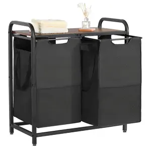 VEVOR 2 Section Laundry Sorter, Summervibes,Summervibes, Large Laundry Hamper with Metal Frame and Wooden Tabletop, Freestanding Storage Organizer Baskets with Pull-Out 600D Oxford Cloth Bags for Dirty Clothes, Bathroom