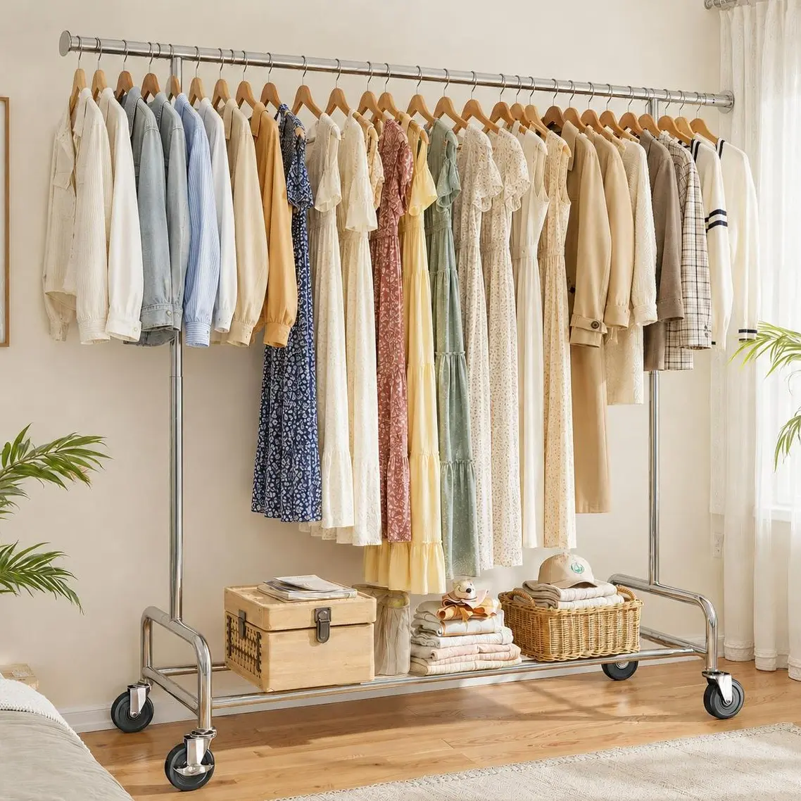 Raybee Heavy Duty Clothes Rack for Hanging Clothes with Lockable Wheels , 75" Extendable & Height Adjustable Coat Rack,Clothing Racks Holds Up to 440LBS, Portable Rolling Garment Rack with 4 Hooks for  Bedroom, Laundry Room, Commercial, Chrome