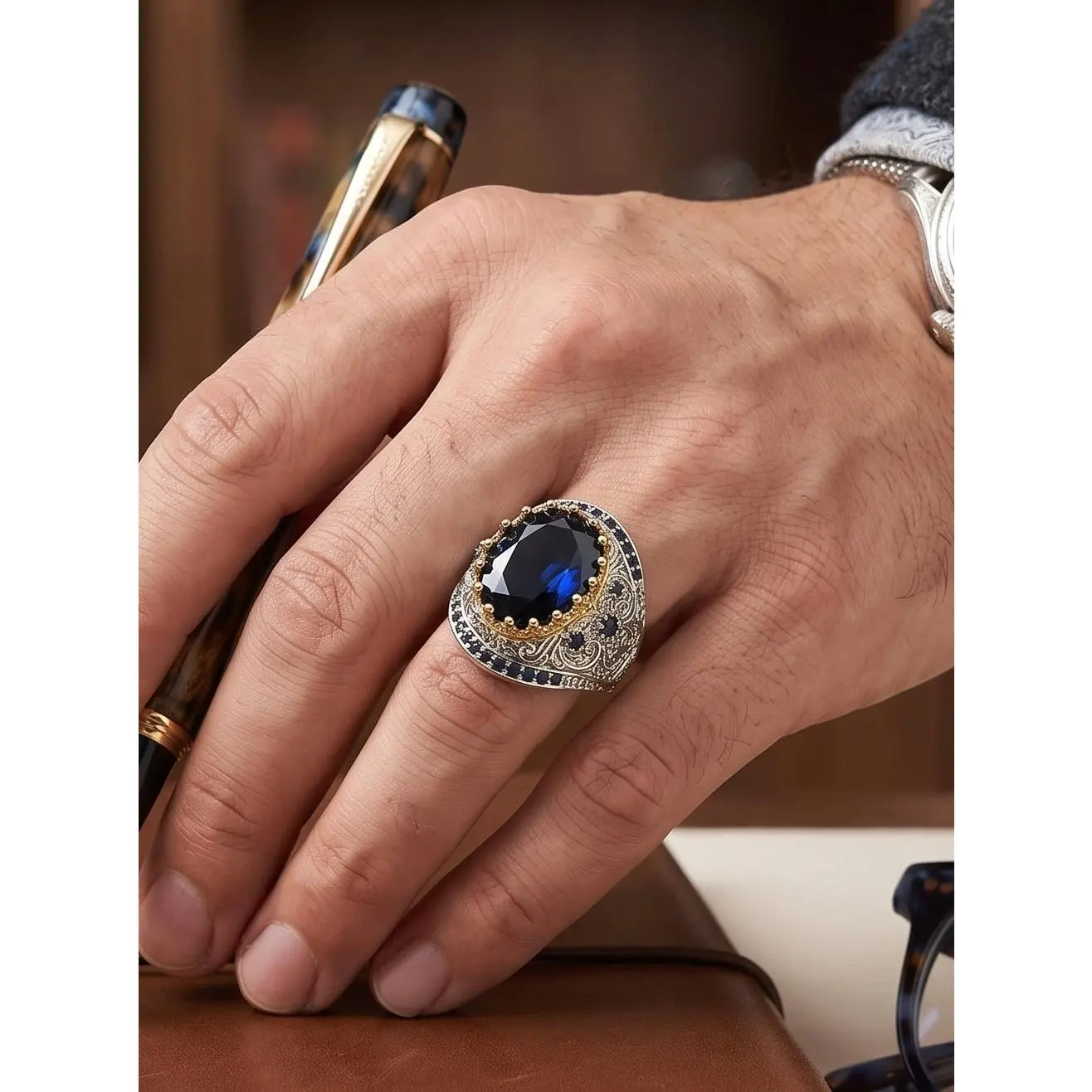 Vintage Blue Zircon Statement Ring – Two-Tone Gold & Silver Plated Brass Oval Crystal Ring for Men and Women 6076