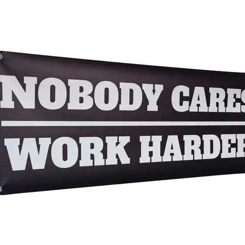 NOBODY CARES WORK HARDER Banner - 48 x 21 Inch Motivational Wall Decor - Durable 13oz UV Printed Vinyl with 4 Corner Grommets - Gym Office Garage Workout Poster Style Banner - Bold Sturdy Indoor Outdoor Sign" Hanging Banner