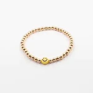 14K Gold-Filled Smiley Face Beaded Bracelet (4mm) – Waterproof, Non-Tarnish Stretch Bracelet for Women & Girls | Cute Charm Jewelry, Everyday Fashion Accessory