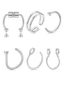6pcs Fake Nose Ring Set, Nose Piercing Jewelry for Women & Men, Clip-On Faux Nose Piercings, Non-Piercing Septum Cuffs, Stylish Lip Rings Accessory