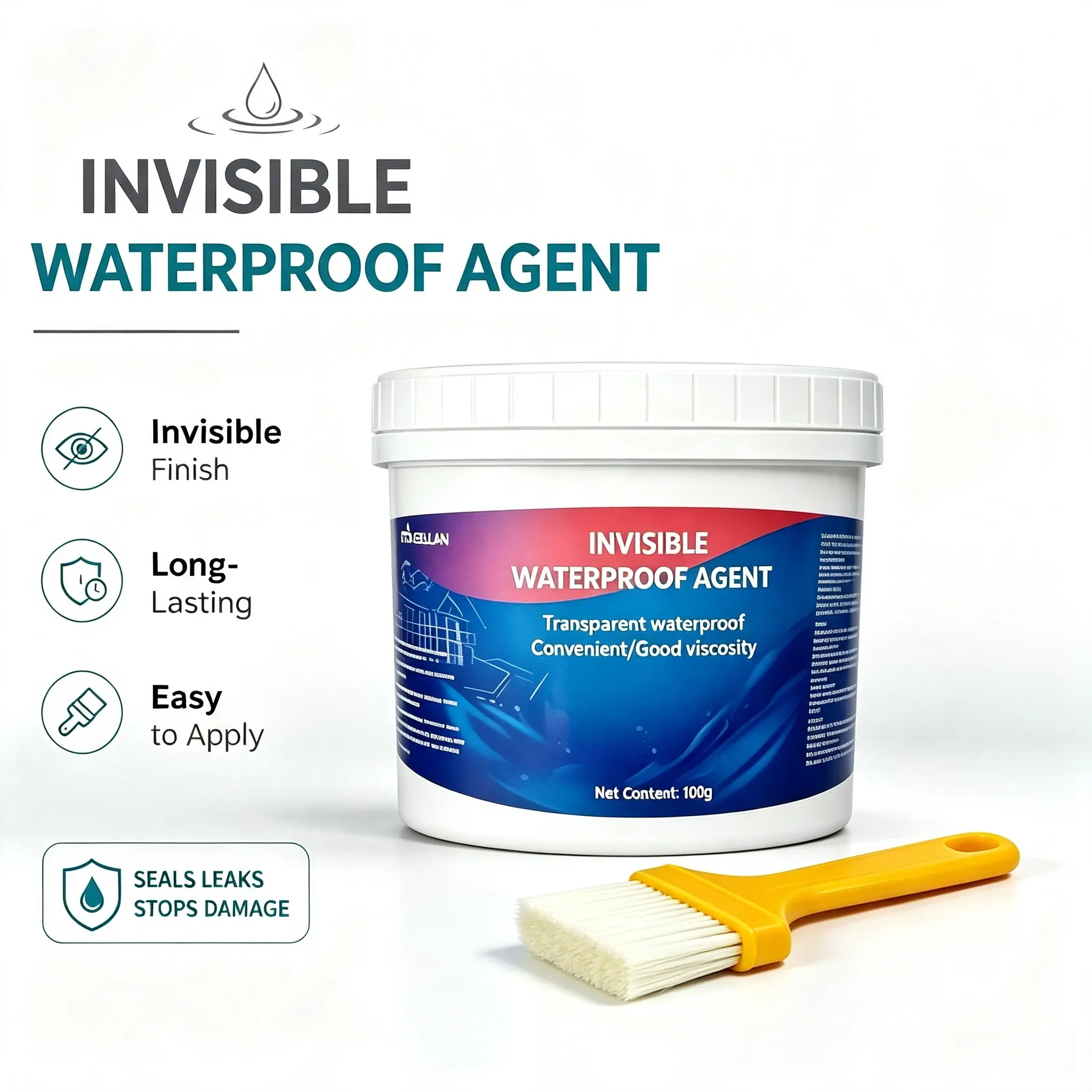 Transparent Waterproof Sealant - No-Demolition DIY Repair Liquid Adhesive with Brush, 0.1kg & Multi-Weight Sealed Buckets, Home Roof & Wall Crack Filling Solution with Wall Repair Paste