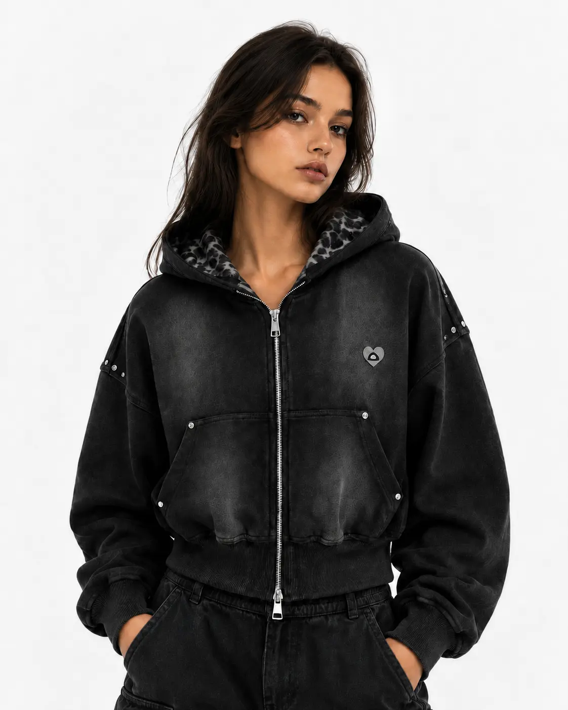 Aelfric Eden Leopard Print Studded Cropped Spray Dyed Zip Up Hoodie Washed Drop Shoulder Oversized Y2K Vintage Streetwear for Women