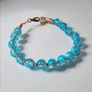 Blue Crackle Glass Beads Wire Wrapped Bracelet Copper