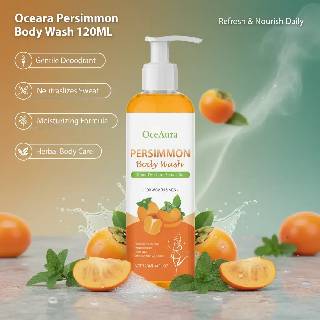 OceAura Persimmon Body Wash 120ml • Gentle Deodorant Shower Gel for Women and Men • Refreshing Peppermint Infused Cleanser to Neutralize Sweat Body Odor • Moisturizing Herbal Body Skin Care Formula 4 Fl Oz