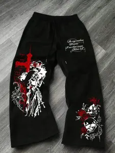Y2K Gothic Graphic Print Baggy Sweatpants Casual Fashion Loose Oversized Wide Leg Streetwear Trousers for Men Women Opium Aesthetic Grunge Pants for Outdoor Skateboard & Rave Outfits