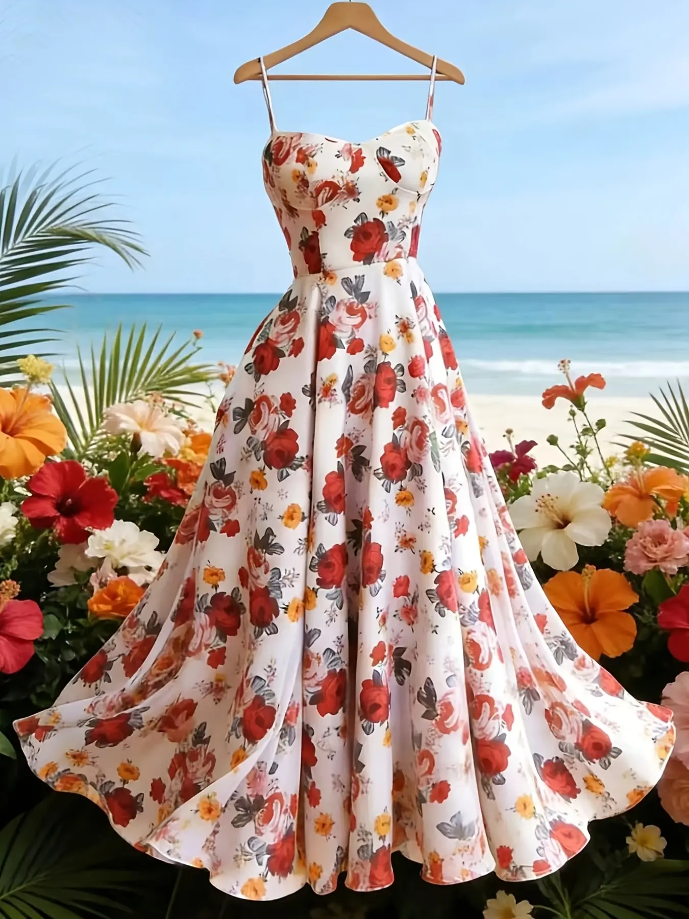 Women's Fashion Floral Printed Sleeveless Strappy Spaghetti Strap Dress, Elegant Print Design, Stylish Summer, Perfect for Casual Wear, Trendy Ladies' Clothing