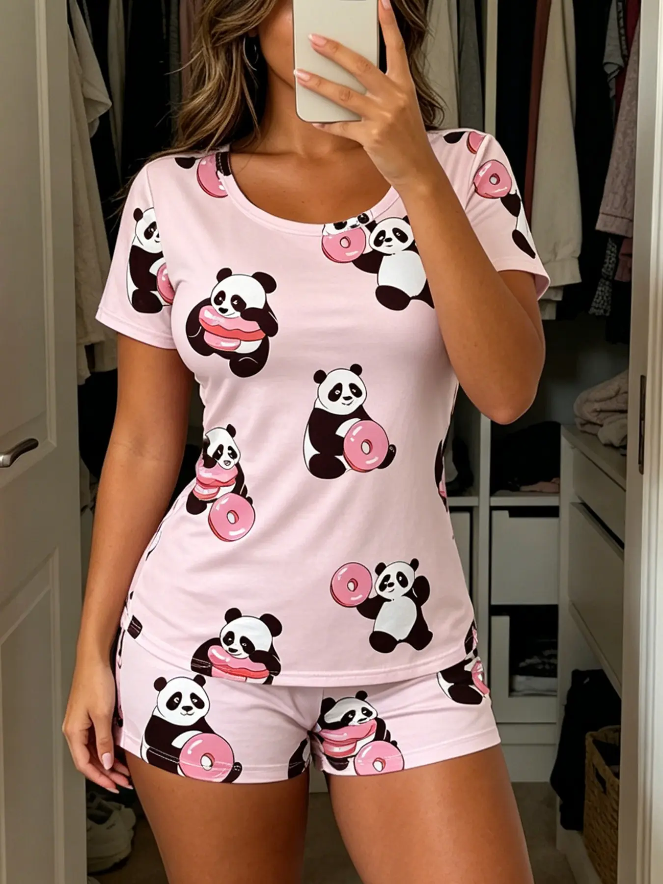 Women's Short Sleeve Pajama Set, Base Panda Print, Casual Fitted Sleepwear, Two-Piece Night, Comfortable Homewear, Loungewear, Everyday