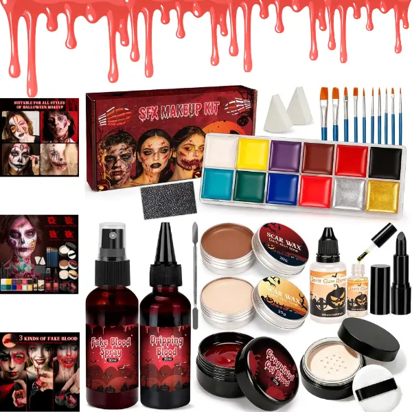 24PCS Halloween SFX Makeup Kit for Adults, Professional Special Effects Makeup Kit with Fake Blood, Scar Wax, Oil Face Paint, Setting Powder, Brushes & Sponges for Zombie, Vampire, Cosplay & Halloween Costume Makeup
