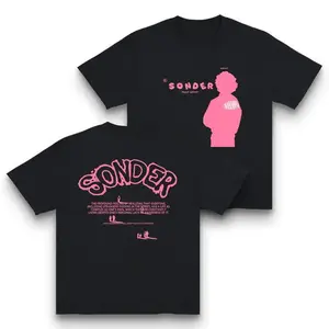 ✝️[Graphic Tee]"Bold Pink 'Sonder' Lettering & Geometric Print Rap Shirt – Casual Crewneck Streetwear Graphic Tee with Jesus-Inspired Design, Dark Fantasy Aesthetic, Unisex T-shirt for Men & Women, Made in USA, Unique Street Fashion"