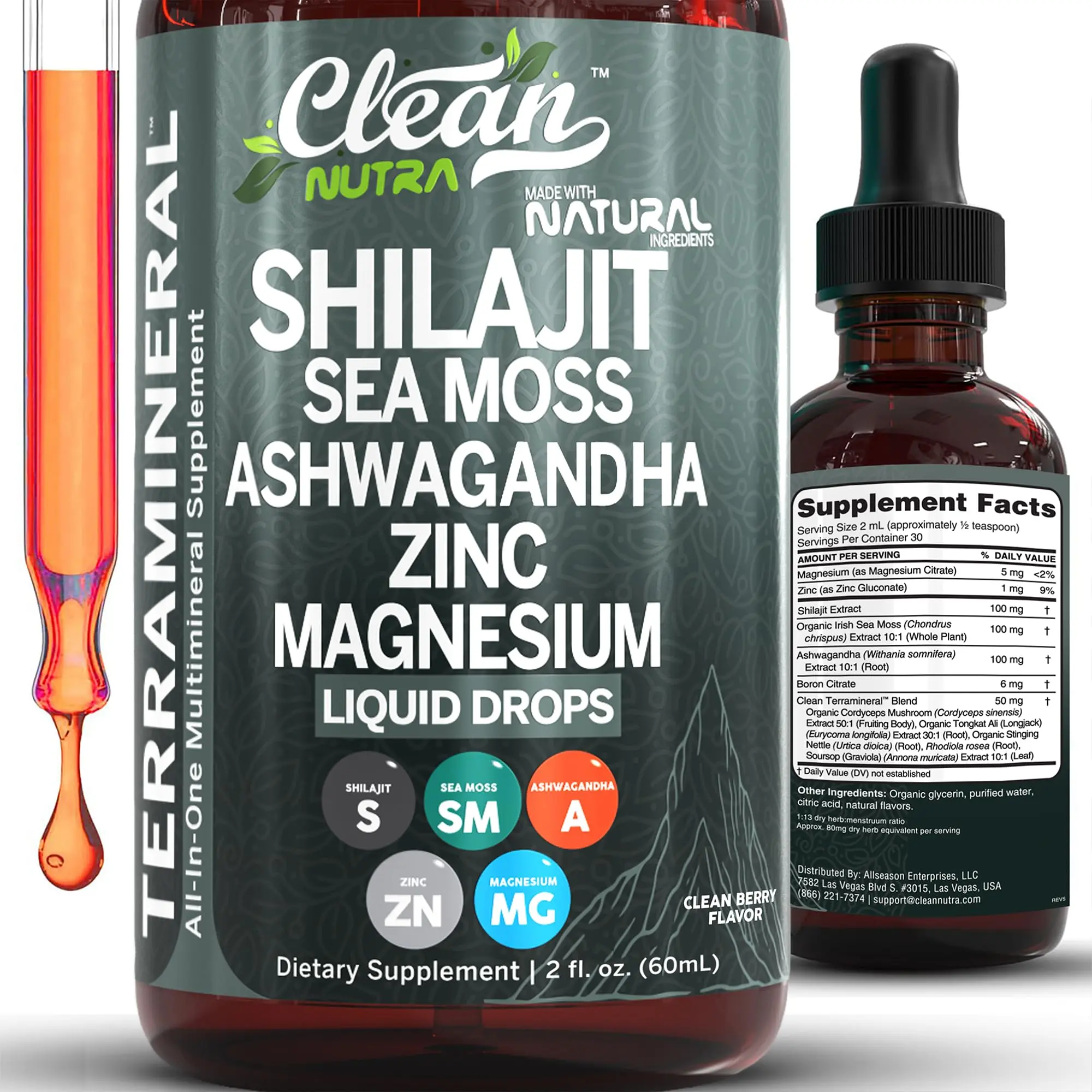 Clean Nutra Shilajit, Sea Moss, Ashwagandha, Zinc & Magnesium Liquid Vitamins for Women and Men - TerraMineral Clean Nutra Shilajit, Sea Moss, Ashwagandha, Zinc & Magnesium Liquid Vitamins for Women and Men - TerraMineral