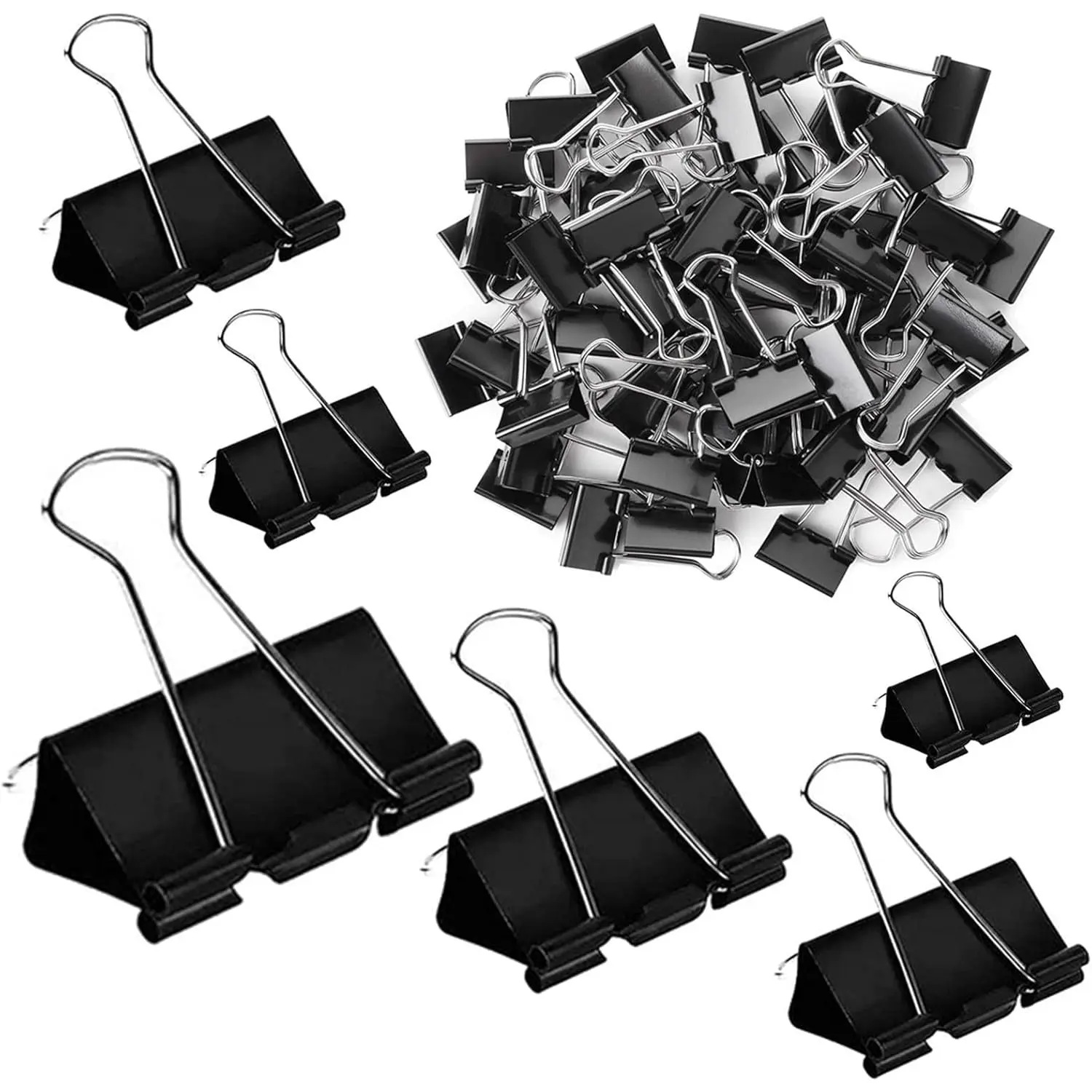 300-Pack Assorted Sizes Binder Clips, 6 Sizes Black Metal Fastener Clips, Rustproof Tempered Steel Paper Clamps with Foldable Removable Handles, Multifunctional Office Stationery for Office, Home Use, Fastener Clip Paperclips