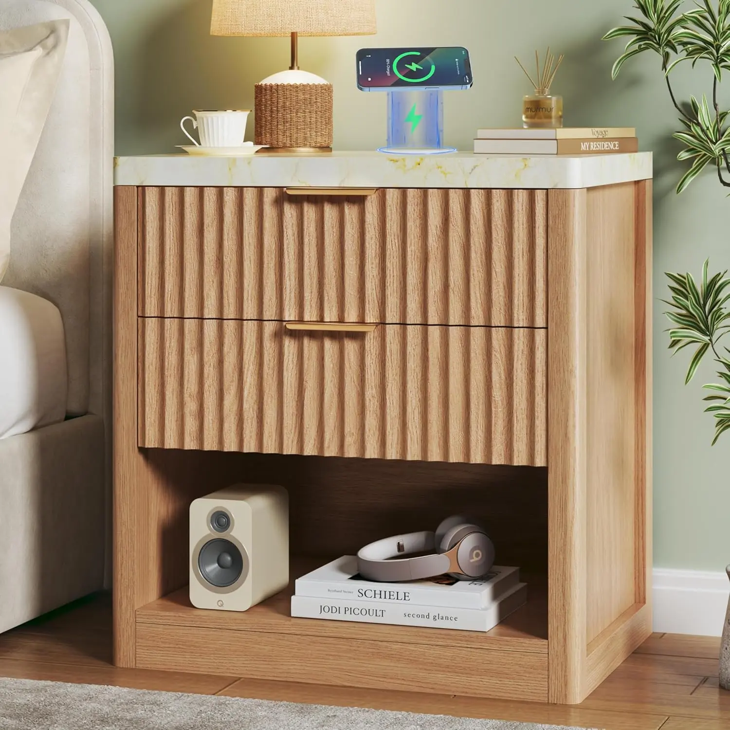 【Summergarden】Fluted Nightstand with 2 Drawers, 24'' Night Stand with Wireless Charging Station, Mid Century Modern Side Table with Faux Marble Top, Large Wooden Bedside End Table for Bedroom, Oak