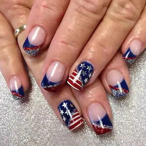 Patriotic Flag Press On Nails | CurvLife Nail | 24pcs Medium Square Fake Nails | Glossy Finish with Red-White-Blue Flag Motifs & Sparkling Glitter | Easy to Apply, Comfortable & Long-Lasting | Great for Independence Day, Parades, National Festivities