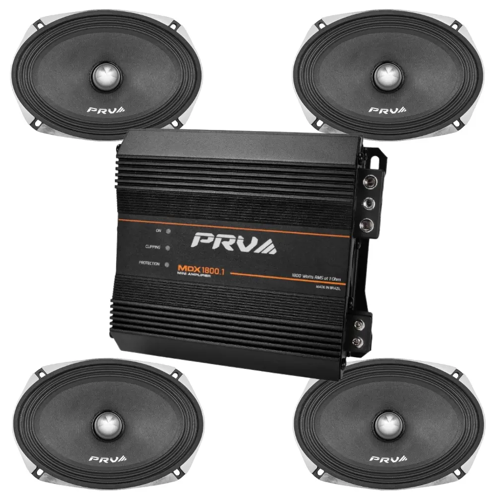 PRV Audio Bundle 4x 69MR500-PhP-4 6x9" High SPL Midrange Loudspeaker 1x MDX1800.1 1 Ohm Mini 1-Channel 1800W RMS Amplifier