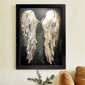 A black 16 * 24 inch white angel wing canvas oil painting - art and crafts, black wooden frame painting, home living room office wall decoration painting, holiday gift light luxury living room background wall art wall painting