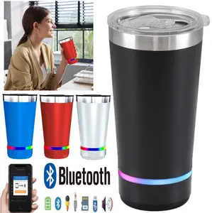 Bluetooth Insulated Tumbler with Speaker – 16 oz Stainless Steel Tumbler featuring a built-in rechargeable wireless speaker and multi-color LED lights; a perfect travel companion.