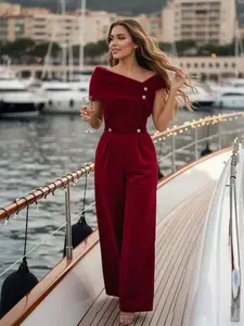 Red 1950s Christmas Velvet Jumpsuit Off Shoulder Button Wide Leg Elegant Design Fitted Minimalist Sleeveless Zipper Back Closure Ankle Length Vintage Womenswear Dressy Linen Romper Evening Elegance Overalls