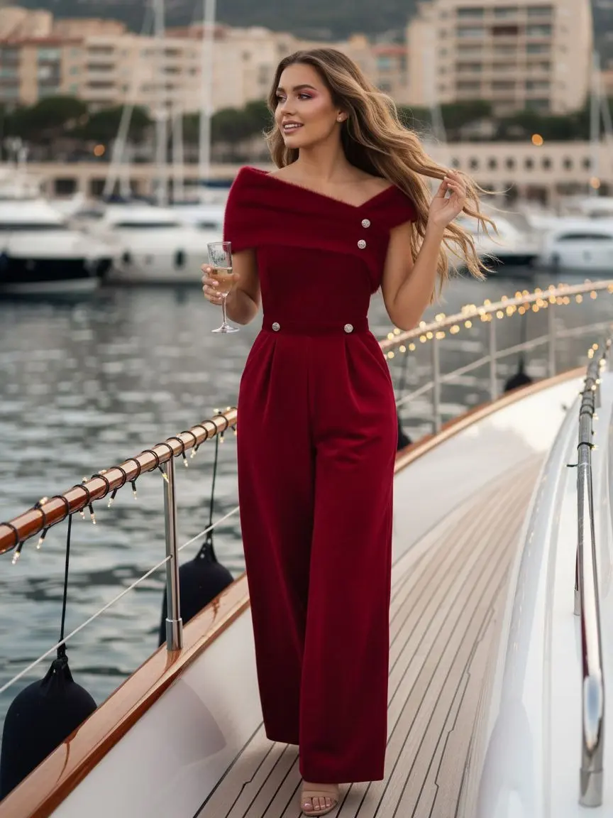RETRO STAGE Women's 1950s Vintage Off-Shoulder Red Velvet Jumpsuit, Ankle Length Wide Leg for Evening Parties
