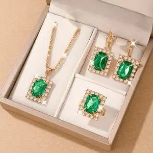 4Pc Jewelry Set - Gold Tone Green Gemstone Ring Necklace Earrings Set