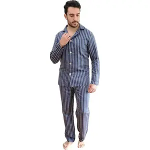 Armani International Encanto Men's Sateen Linen Cotton Striped Pajama Set Blue-Striped European Crafted Comfortable Two-Piece Ensemble