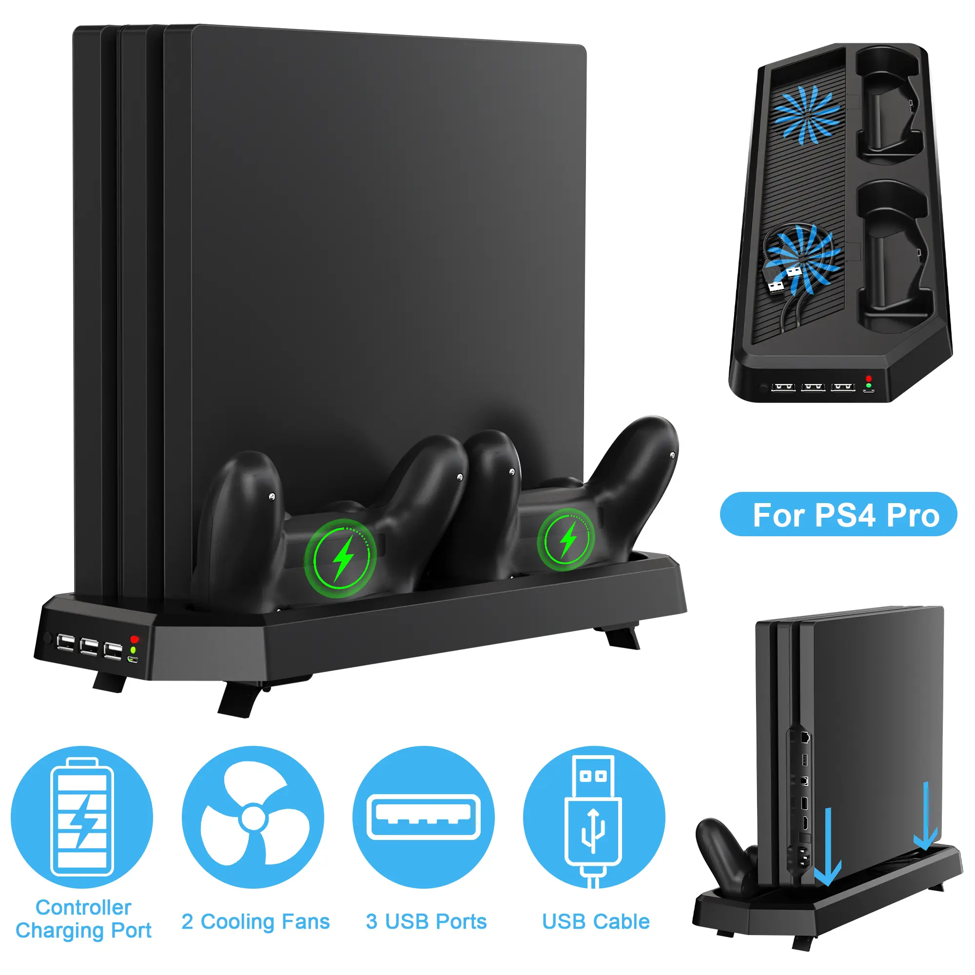 PS4 Pro Controller Charger Station  with 2 Cooling Fans,Vertical Stand with Dual Controller Charging Dock Station,Dual Cooling Fan and 3 USB Ports(Only for PS4Pro) accessory