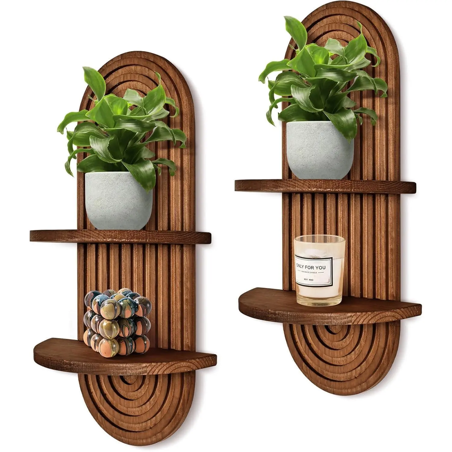 Boho Wall Shelf Set of 2 Mid Century Acacia Wood Shelves with 2 Tiers for Bathroom Bedroom Kitchen Living Room Coffee Color Decorative Bohemian Rainbow Hanging Shelves Light Wooden