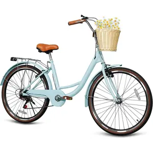Beach Cruiser Bike for Women, 24 inch 7 Speed Commute Bike for Adults, Women Bicycle with Ratten Basket and Adjustable Seat, Lightweight Step Through Bike for Adults Women Ladies, Light Blue