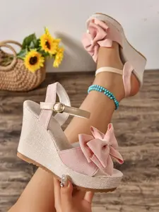 Women's Vintage Wedge Sandals, Thick Sole Fish Mouth Roman Shoes, Textile Upper, Round Toe, Casual Spring & Fall Footwear, High Heels, Thick Bottom Shoes